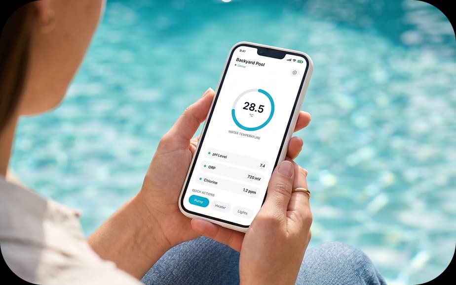 Branded mobile app screen showing real-time pool monitoring data